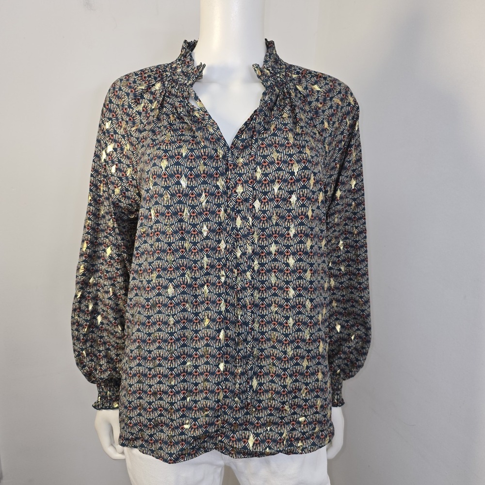 Hailey & Co Blouse Top Geometric Shimmer Printed Tie Neck Long Sleeve Size S NWT